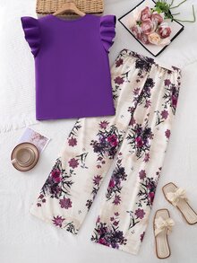 SHEIN Teen Girl Black V-Neck Ruffle Flutter Sleeve Top And Floral Print Wide Leg Long Pants Set, Suitable For Family Outings Party Sixth Form Summer Cute - Multicolor - View 3