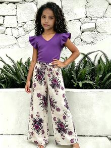SHEIN Teen Girl Black V-Neck Ruffle Flutter Sleeve Top And Floral Print Wide Leg Long Pants Set, Suitable For Family Outings Party Sixth Form Summer Cute - Multicolor - View 6