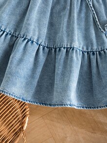 SHEIN Young Girl 3D Flower Decor A-Line Denim Strap Dress With Bag Autumn Fall 7th Birthday Wedding Baby Blue Princess - Baby Blue - View 6