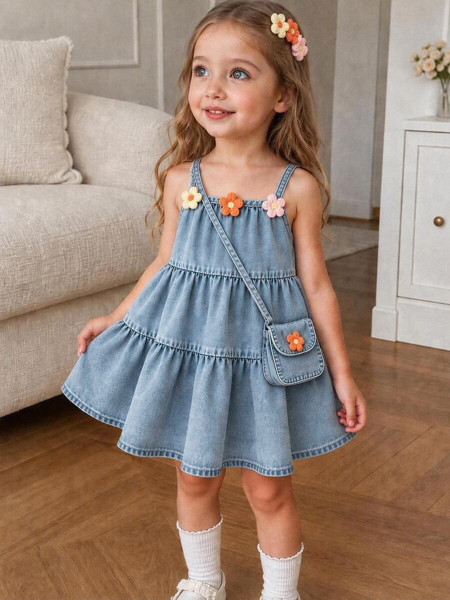 SHEIN Young Girl 3D Flower Decor A-Line Denim Strap Dress With Bag Autumn Fall 7th Birthday Wedding Baby Blue Princess - Baby Blue - View 1