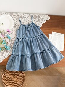 SHEIN Young Girl 3D Flower Decor A-Line Denim Strap Dress With Bag Autumn Fall 7th Birthday Wedding Baby Blue Princess - Baby Blue - View 2