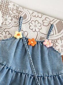 SHEIN Young Girl 3D Flower Decor A-Line Denim Strap Dress With Bag Autumn Fall 7th Birthday Wedding Baby Blue Princess - Baby Blue - View 5
