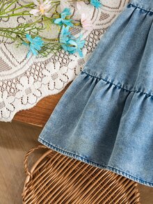 SHEIN Young Girl 3D Flower Decor A-Line Denim Strap Dress With Bag Autumn Fall 7th Birthday Wedding Baby Blue Princess - Baby Blue - View 8
