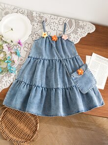 SHEIN Young Girl 3D Flower Decor A-Line Denim Strap Dress With Bag Autumn Fall 7th Birthday Wedding Baby Blue Princess - Baby Blue - View 3