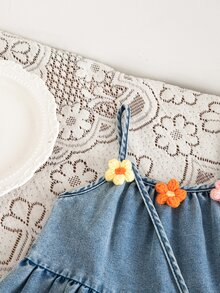 SHEIN Young Girl 3D Flower Decor A-Line Denim Strap Dress With Bag Autumn Fall 7th Birthday Wedding Baby Blue Princess - Baby Blue - View 4