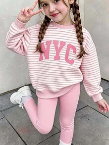 SHEIN Girls NYC Letter Print Pink & White Striped Sweatshirt & Leggings Set, Autumn Sports Casual Thermal Lined - Multicolor - View 3