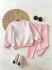 SHEIN Girls NYC Letter Print Pink & White Striped Sweatshirt & Leggings Set, Autumn Sports Casual Thermal Lined - Multicolor - View 2