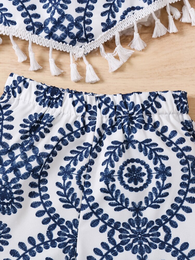 Young Girl Casual Baby Allover Print Tassel Hem Spaghetti Strap Shorts 2 Pieces Set 7th Birthday White Summer - Multicolor - View 6