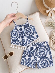 Young Girl Casual Baby Allover Print Tassel Hem Spaghetti Strap Shorts 2 Pieces Set 7th Birthday White Summer - Multicolor - View 2