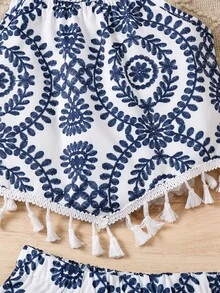 Young Girl Casual Baby Allover Print Tassel Hem Spaghetti Strap Shorts 2 Pieces Set 7th Birthday White Summer - Multicolor - View 5