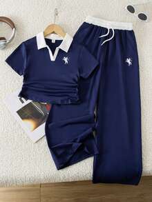 SHEIN 青少年女孩 2件組短袖學院風街頭休閒套裝：海軍藍對比滾邊 Polo 衫＋寬腿長褲，度假、Sixth Form、郵輪夏季穿搭 - 藍白色 - 查看 7