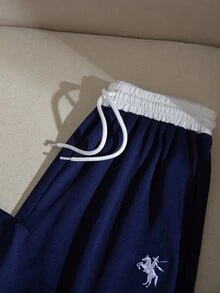 SHEIN 青少年女孩 2件組短袖學院風街頭休閒套裝：海軍藍對比滾邊 Polo 衫＋寬腿長褲，度假、Sixth Form、郵輪夏季穿搭 - 藍白色 - 查看 9