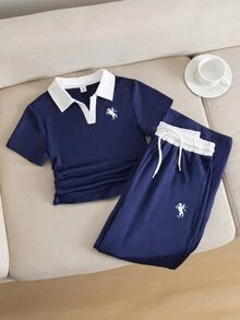 SHEIN 青少年女孩 2件組短袖學院風街頭休閒套裝：海軍藍對比滾邊 Polo 衫＋寬腿長褲，度假、Sixth Form、郵輪夏季穿搭 - 藍白色 - 查看 12