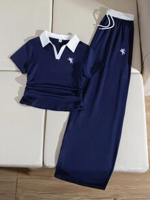 SHEIN 青少年女孩 2件組短袖學院風街頭休閒套裝：海軍藍對比滾邊 Polo 衫＋寬腿長褲，度假、Sixth Form、郵輪夏季穿搭 - 藍白色 - 查看 10