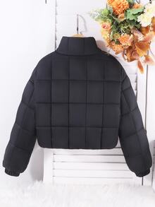 SHEIN 青少年女孩冬季夾克外套 蓬鬆羽絨夾克 拉鍊開襟 保暖舒適 適合學校社團 黑色 寬鬆保守款 - 黑色 - 查看 2