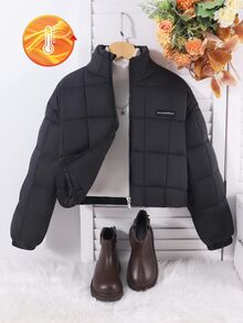 SHEIN 青少年女孩冬季夾克外套 蓬鬆羽絨夾克 拉鍊開襟 保暖舒適 適合學校社團 黑色 寬鬆保守款 - 黑色 - 查看 6