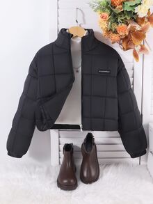 SHEIN 青少年女孩冬季夾克外套 蓬鬆羽絨夾克 拉鍊開襟 保暖舒適 適合學校社團 黑色 寬鬆保守款 - 黑色 - 查看 3