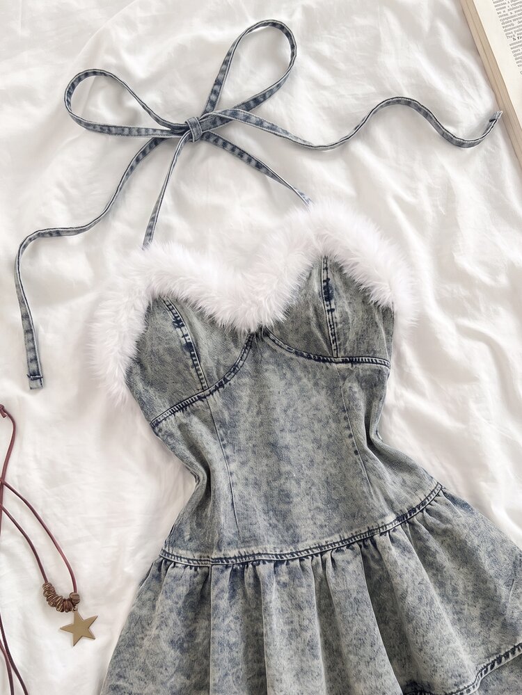 Sunnyshic Women's Patchwork Faux Fur Double Layer Ruffle Hem Fashion Halter Neck Denim Dress - Blue - View 2