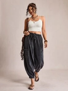 Voyena Plus Size Knitted Snowflake Casual Jogger Pants For Women Grey Autumn Baggy Casual Everyday Drawstring Comfy Boho Holiday Sweatpants Spring Summer - Black - View 6