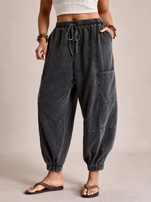 Voyena Plus Size Knitted Snowflake Casual Jogger Pants For Women Grey Autumn Baggy Casual Everyday Drawstring Comfy Boho Holiday Sweatpants Spring Summer - Black - View 4