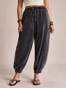 Voyena Plus Size Knitted Snowflake Casual Jogger Pants For Women Grey Autumn Baggy Casual Everyday Drawstring Comfy Boho Holiday Sweatpants Spring Summer - Black - View 3
