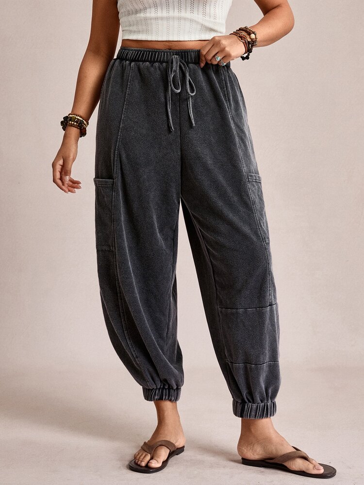 Voyena Plus Size Knitted Snowflake Casual Jogger Pants For Women Grey Autumn Baggy Casual Everyday Drawstring Comfy Boho Holiday Sweatpants Spring Summer - Black - View 8