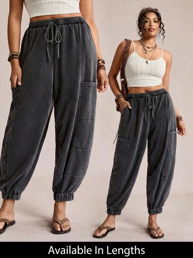 Voyena Plus Size Knitted Snowflake Casual Jogger Pants For Women Grey Autumn Baggy Casual Everyday Drawstring Comfy Boho Holiday Sweatpants Spring Summer - Black - View 10