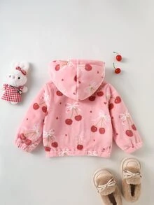 SHEIN 1件幼兒女童連帽外套大衣，可愛甜美粉珊瑚色櫻桃蝴蝶結印花，毛茸茸長袖連帽加厚，適合冬季、萬聖節、秋季、假日派對，舒適拉鍊款 - 彩色 - 查看 3
