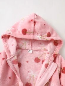 SHEIN 1件幼兒女童連帽外套大衣，可愛甜美粉珊瑚色櫻桃蝴蝶結印花，毛茸茸長袖連帽加厚，適合冬季、萬聖節、秋季、假日派對，舒適拉鍊款 - 彩色 - 查看 4