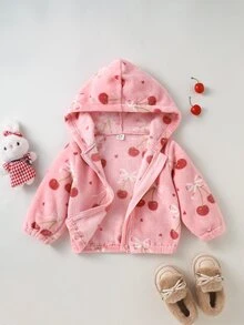SHEIN 1件幼兒女童連帽外套大衣，可愛甜美粉珊瑚色櫻桃蝴蝶結印花，毛茸茸長袖連帽加厚，適合冬季、萬聖節、秋季、假日派對，舒適拉鍊款 - 彩色 - 查看 7