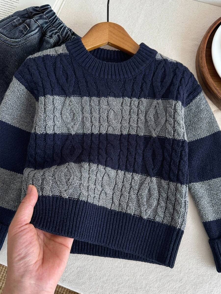 SHEIN 1pc Young Boy Casual Street Style Comfortable Soft Minimalist Colorblock Crew Neck Pullover Sweater, Suitable For Kids, Back To School - Multicolor - View 1
