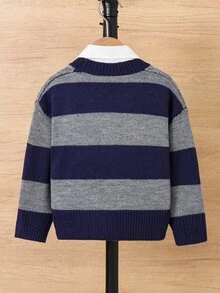 SHEIN 1件小男孩休閒街頭風舒適柔軟極簡配色圓領套頭毛衣，適合兒童，返校穿搭 - 彩色 - 查看 2