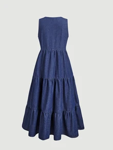 EMERY ROSE Đầm denim sát nách nữ cổ chữ V xẻ notch, thiết kế cài nút, phong cách thường ngày - Màu xanh lam - Xem 9