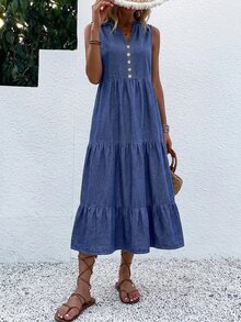 EMERY ROSE Đầm denim sát nách nữ cổ chữ V xẻ notch, thiết kế cài nút, phong cách thường ngày - Màu xanh lam - Xem 5