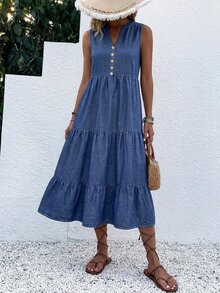 EMERY ROSE Đầm denim sát nách nữ cổ chữ V xẻ notch, thiết kế cài nút, phong cách thường ngày - Màu xanh lam - Xem 7