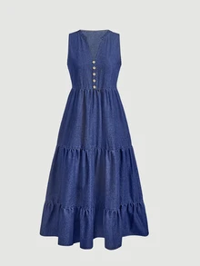 EMERY ROSE Đầm denim sát nách nữ cổ chữ V xẻ notch, thiết kế cài nút, phong cách thường ngày - Màu xanh lam - Xem 4