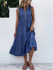 EMERY ROSE Đầm denim sát nách nữ cổ chữ V xẻ notch, thiết kế cài nút, phong cách thường ngày - Màu xanh lam - Xem 8