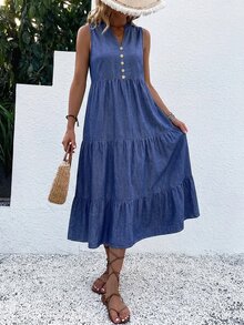 EMERY ROSE Đầm denim sát nách nữ cổ chữ V xẻ notch, thiết kế cài nút, phong cách thường ngày - Màu xanh lam - Xem 6