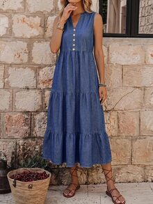 EMERY ROSE Đầm denim sát nách nữ cổ chữ V xẻ notch, thiết kế cài nút, phong cách thường ngày - Màu xanh lam - Xem 1