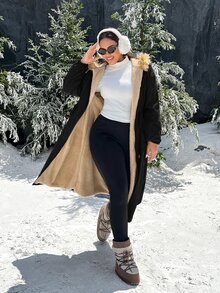 SHEIN EZwear 大尺碼冬季保暖內裡連帽夾克 - 黑色 - 查看 7