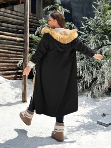 SHEIN EZwear 大尺碼冬季保暖內裡連帽夾克 - 黑色 - 查看 2