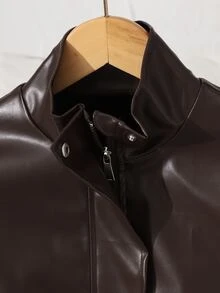 SHEIN Sparklyn 青少年短版 PU 夾克，立領按扣長袖 PU 皮革外套，彈性腰擺短版修身，復古街頭風寬鬆深棕色工裝 - 棕色 - 查看 6