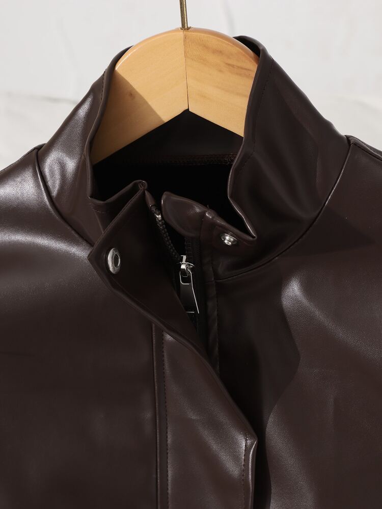 SHEIN Sparklyn Teenage Short PU Jacket, Stand Collar Snap Button Long Sleeve PU Leather Coat, Elastic Waist Hem Short Fit, Vintage Streetwear Baggy Dark Brown Work - Brown - View 6