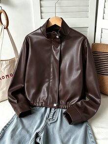 SHEIN Sparklyn 青少年短版 PU 夾克，立領按扣長袖 PU 皮革外套，彈性腰擺短版修身，復古街頭風寬鬆深棕色工裝 - 棕色 - 查看 3