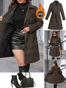 SHEIN Clasi 大尺碼秋冬時尚格紋大衣 辦公室晚宴棕色優雅商務休閒 - 棕色 - 查看 11
