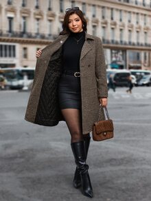 SHEIN Clasi 大尺碼秋冬時尚格紋大衣 辦公室晚宴棕色優雅商務休閒 - 棕色 - 查看 7