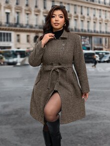 SHEIN Clasi 大尺碼秋冬時尚格紋大衣 辦公室晚宴棕色優雅商務休閒 - 棕色 - 查看 13