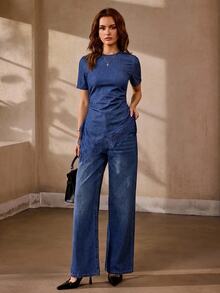 Selenza Women's Solid Color Pleated Casual Daily Denim Top - Blue - View 6