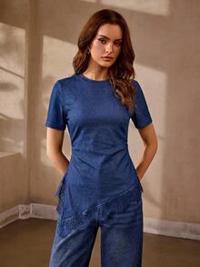 Selenza Women's Solid Color Pleated Casual Daily Denim Top - Blue - View 5