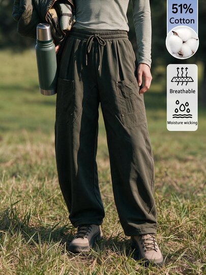 WanderVale Women's New Outdoor Casual Knitted Patchwork Twill Fabric Large Pocket Vintage Rivet Decor Lace-Up Army Green Outdoor Long Pants, Suitable For Outdoor Sports Wear